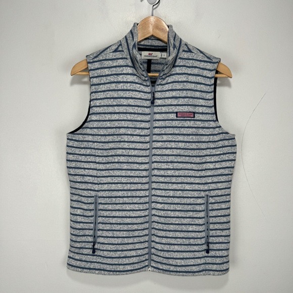 Vineyard Vines Westerly Fleece Vest Women Small Gray Blue Striped Zip Pockets - Picture 1 of 10